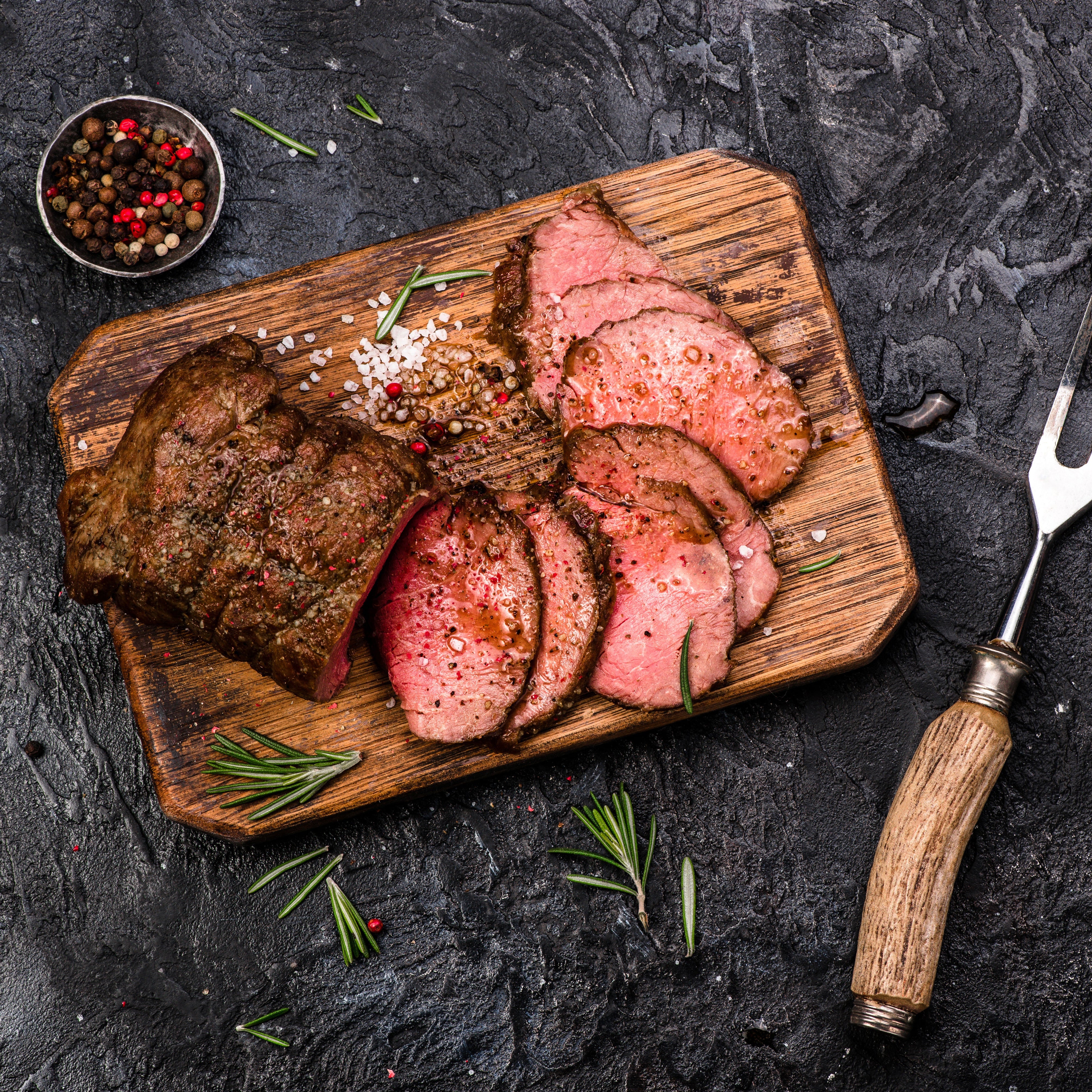 Rangers Station M6-7 Australian Wagyu Tenderloin sliced, showing M6-7 marbling