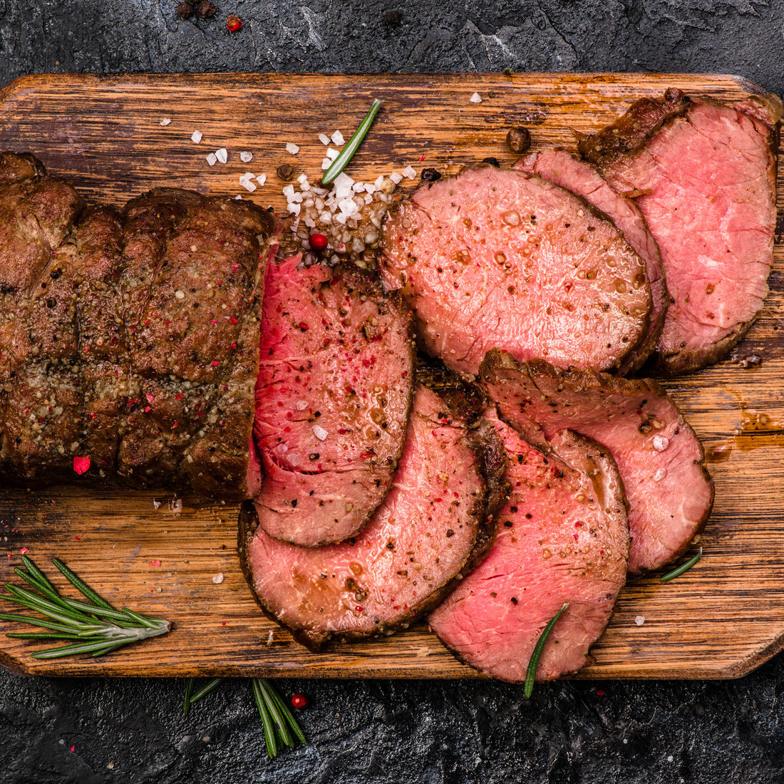 Rangers Station M9+ Australian Wagyu Tenderloin sliced, showing rich marbling